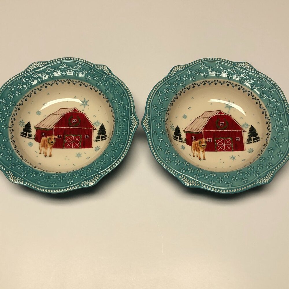 Pioneer Woman Christmas Holiday Red Barn Soup Salad Bowl Stoneware 2Pc Set New